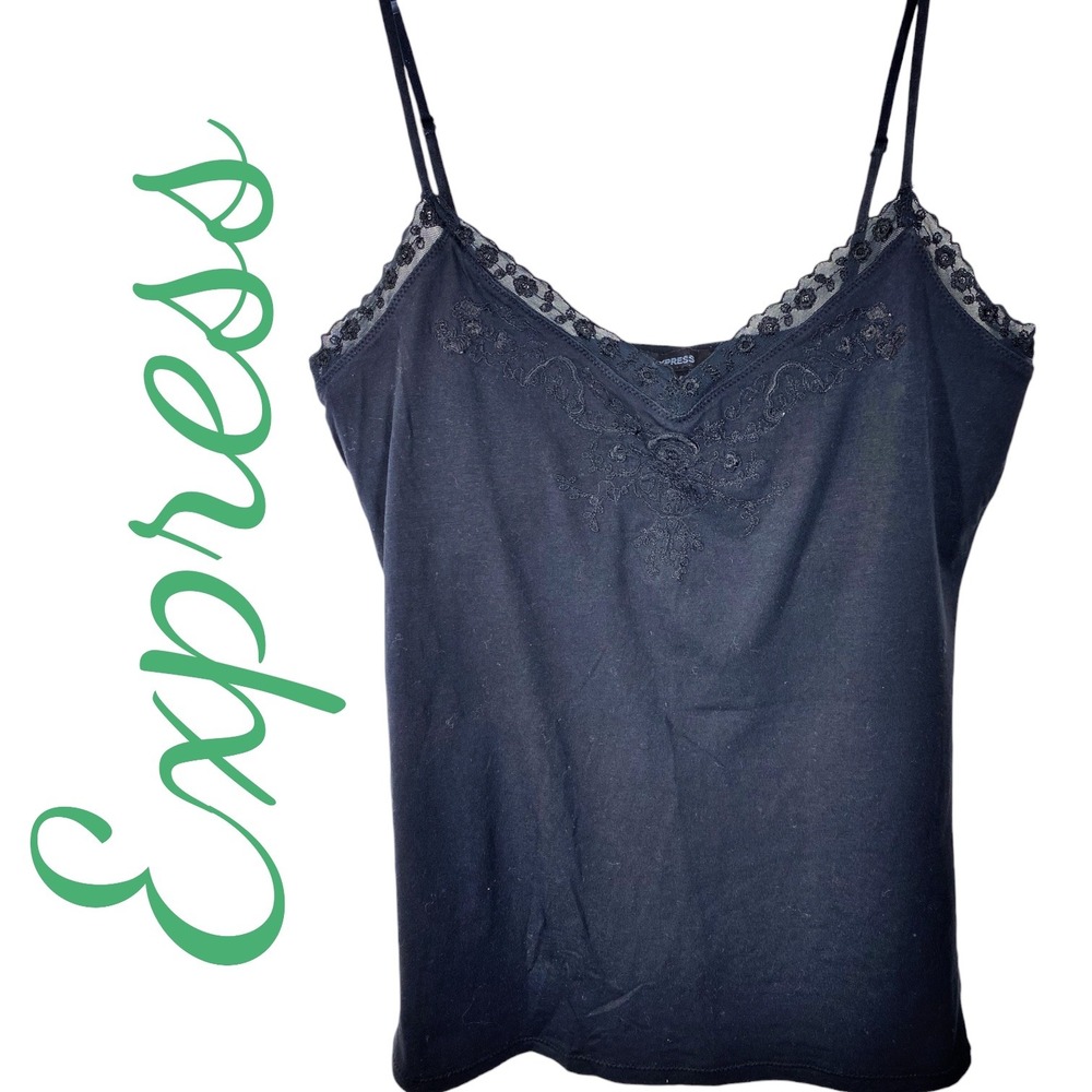 Express Y2K Babydoll Cami Tank Top Black Lace Trim Embroidered Coquette Medium